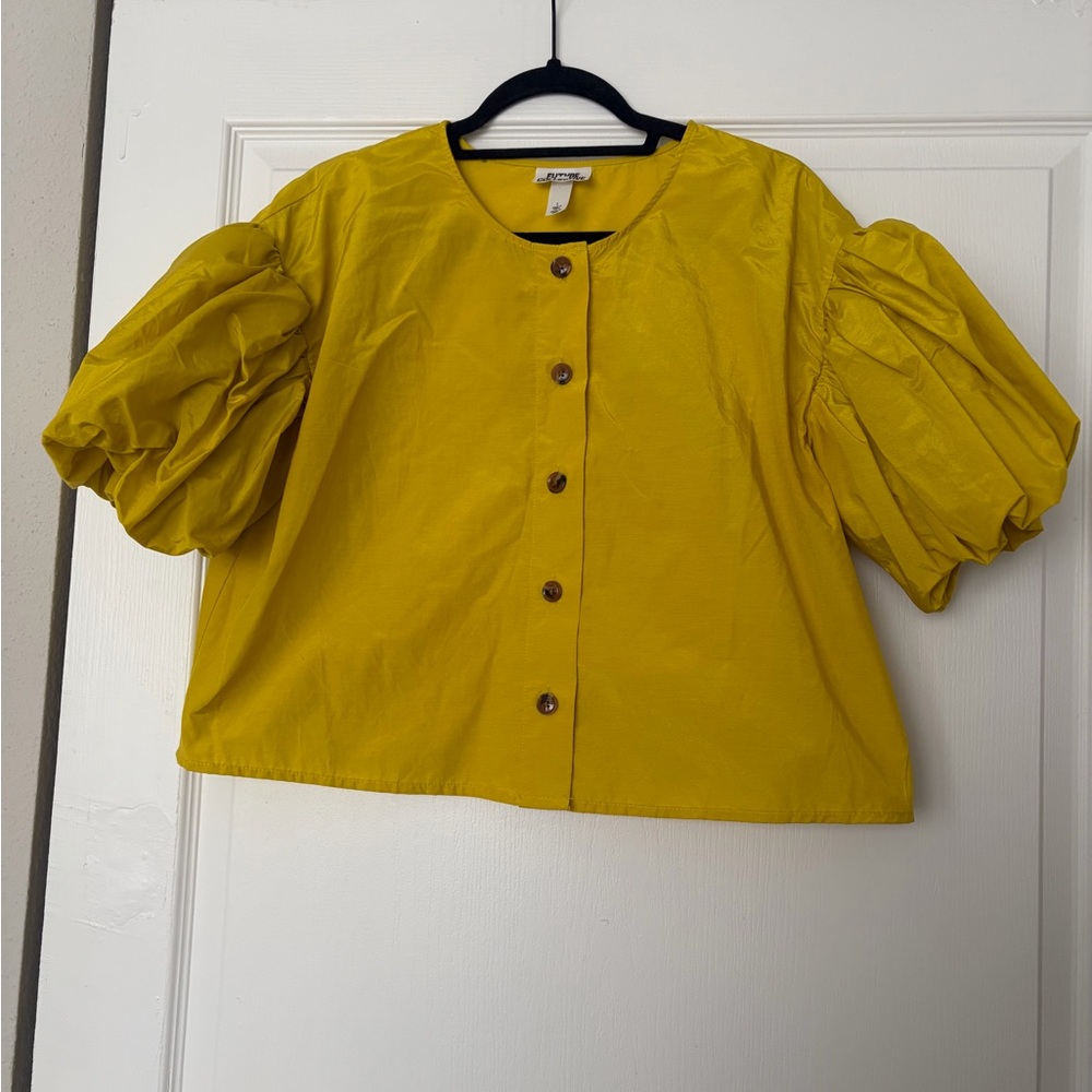 Future Collective Yellow Button-Front Puff Sleeve Top